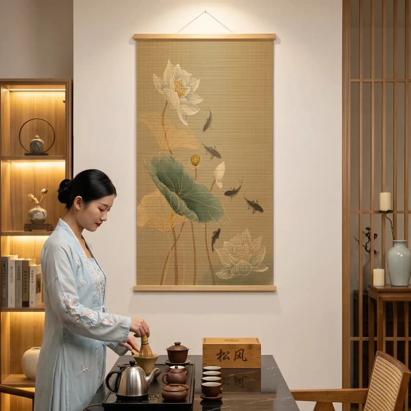 Home Decor Zen Lotus Flower Bamboo Scroll Wall Art Wabi Sabi Ink Wash for Tea Ceremony Classroom Gallery Slow Living aesthetic