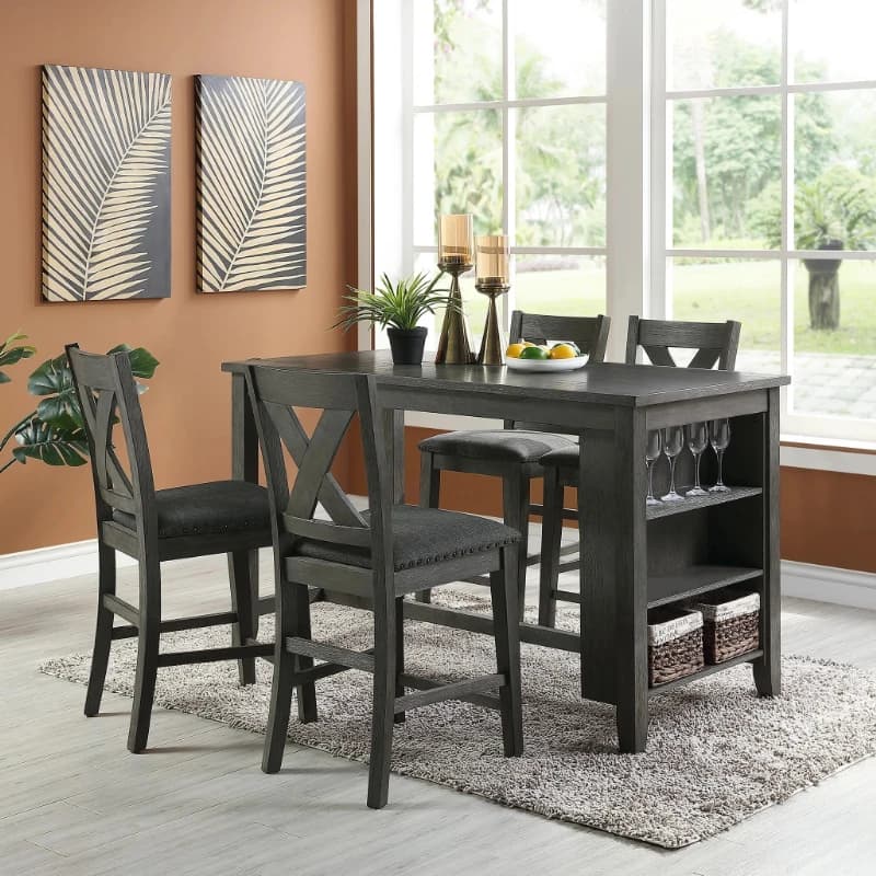 Modern Dark Brown Finish 5pc Counter Height High Dining Table w Storage Shelves 4x High Chairs Wooden Kitchen Breakfast Table Di