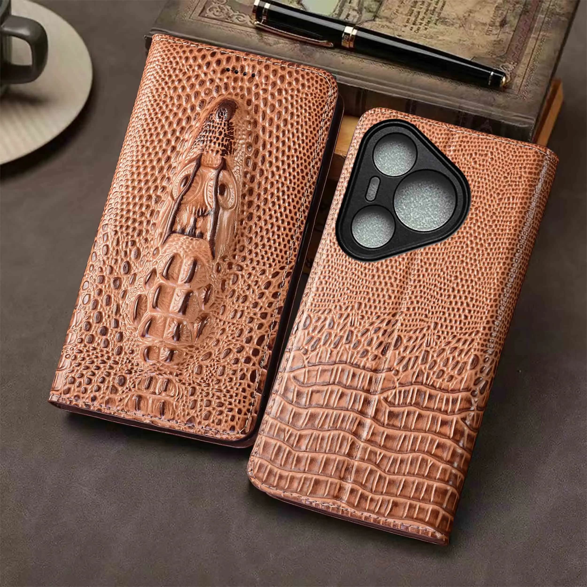 Genuine Leather Case For Huawei P40 P50 P50E P60 Pura 70 80 90 90s Pro Max Plus Ultra Lite Art Crocodile Head Pattern Flip Case