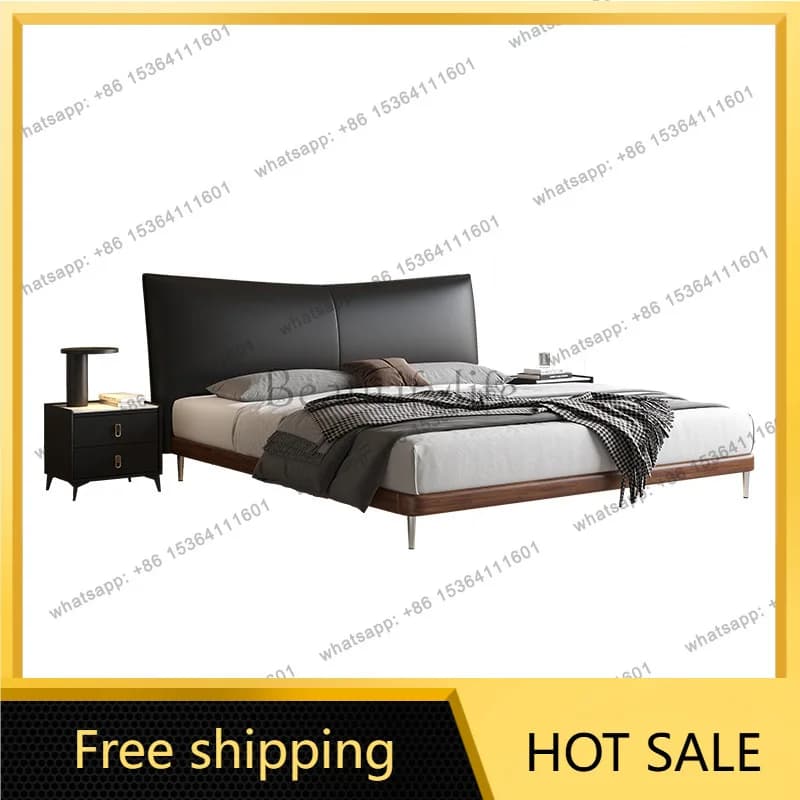 Factory Direct Sales New Leather Bed Modern Minimalist Black Soft Bag Vintage Solid Wood Queen Bed