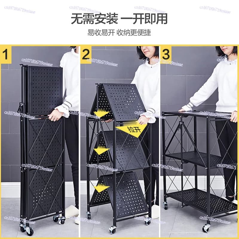 Installation-free Kitchen Folding Rack Multi-layer Floor-to-ceiling Finishing Rack Trolley Microwave Oven Storage
