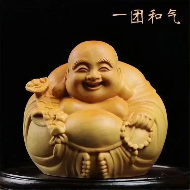 Cypress Boxwood Carved Laughing Maitreya Buddha Figurine Solid Wood Harmonious Statue Living Room Desktop Decor Craft Gift