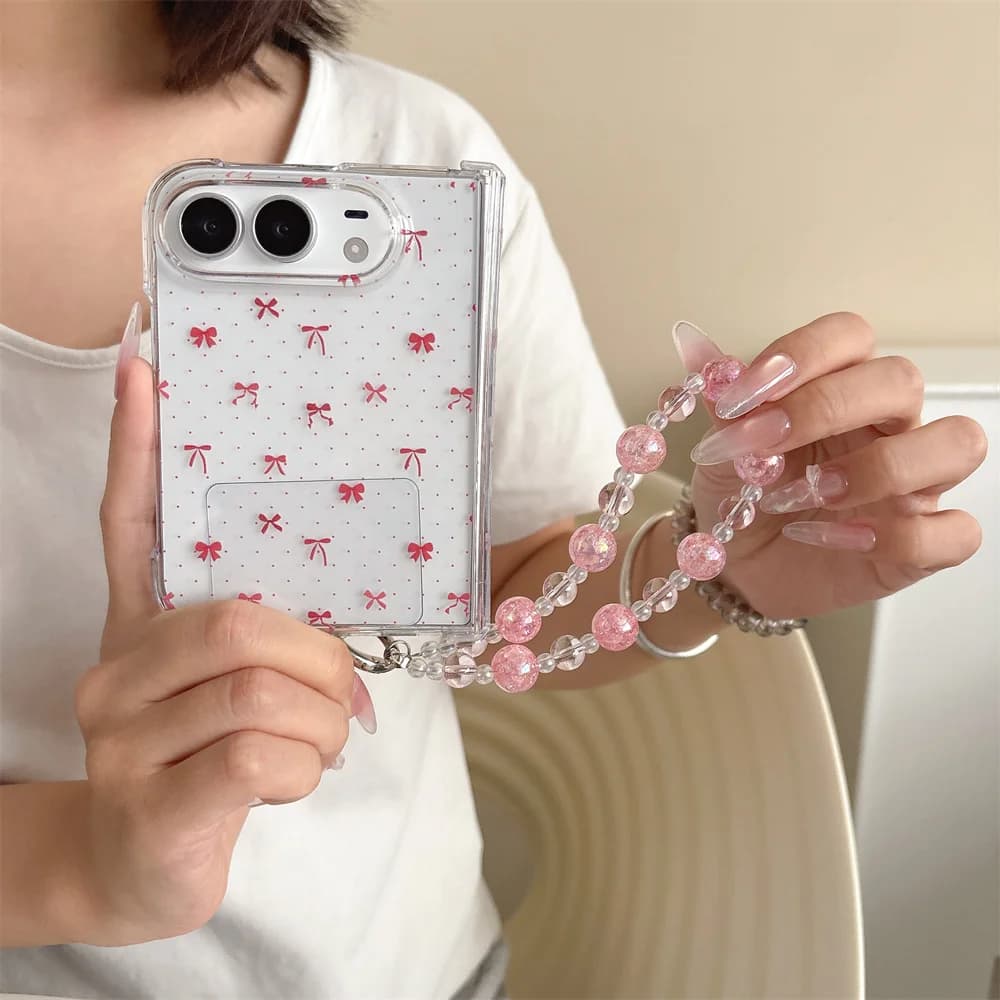 Kawaii Tiny Red Bow Pattern Case For iPhone Duo Removable Pink Bead Chain Clear Hard Shell Shockproof Phone Protective Cover