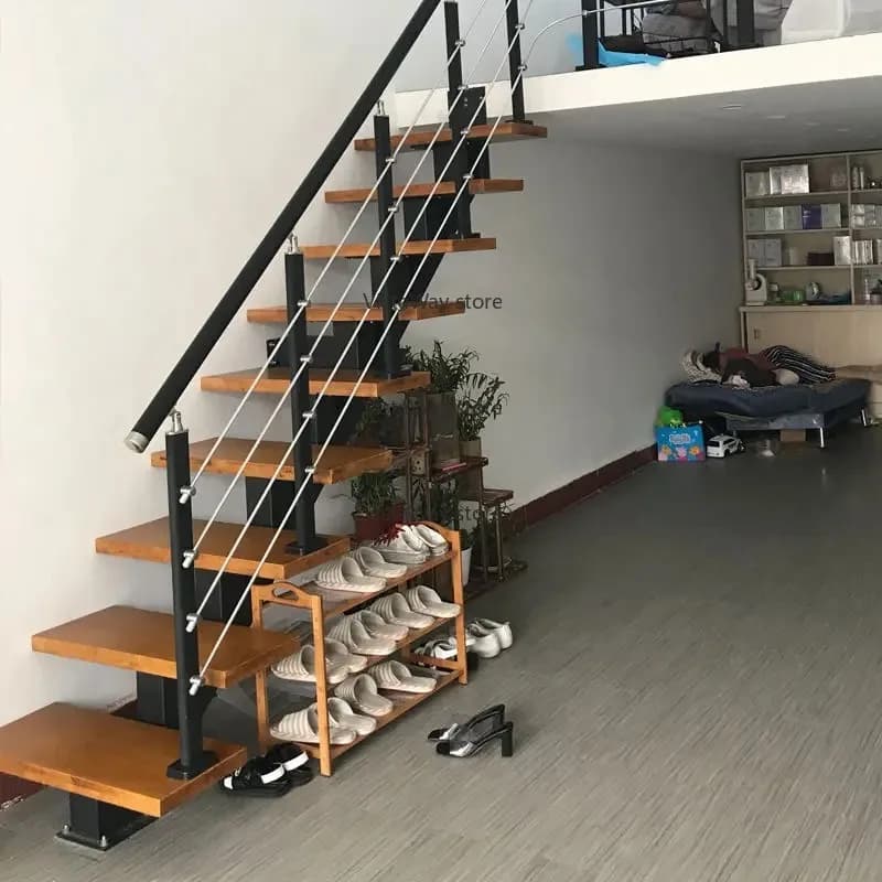 Integral staircase Indoor Straight beam Loft Home duplex steel wood apartment