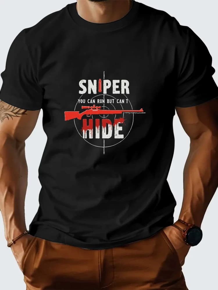 Sniper-Themed with Sniper Rifle&Bullet Casings design-100% cotton summer O-neck short sleeve casual printed men's T-shirt.