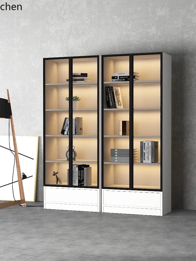 y14-lig luxury floor-to-ceiling glass door bookcase display cabinet bookshelf figure locker