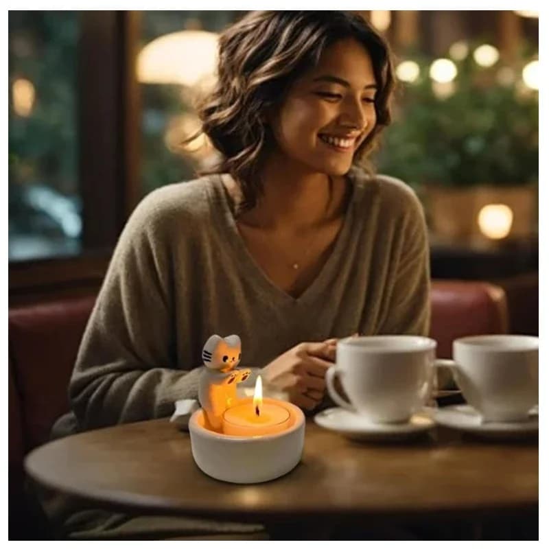 Cartoon Kitten Candle Holder Handmade Ceramic Candlestick Kitty Warming Its Paws Cute Light Holder Gift (Not Included Candles)