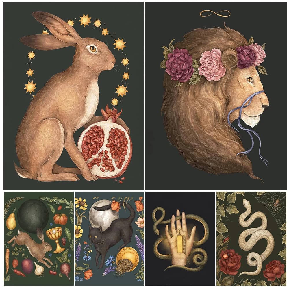 Witch Hand With Mysterious Snake Vintage Wall Art Canvas Painting Magic Black Cat And Rabbit Abstract Art Poster Print Decor