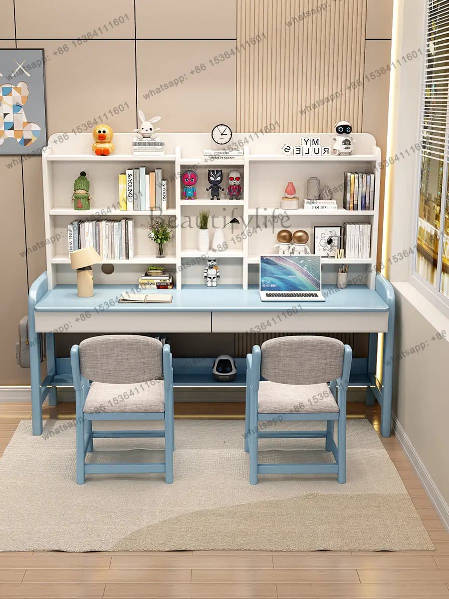 Solid wood desk bookshelf integrated lifting household double writing desk