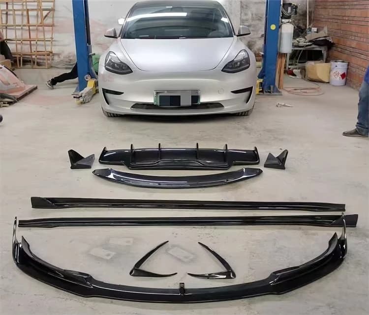 Vorsteiner style 3K carbon fiber front lip side skirt extension rear diffuser rear spoiler tail forTesla Model 3
