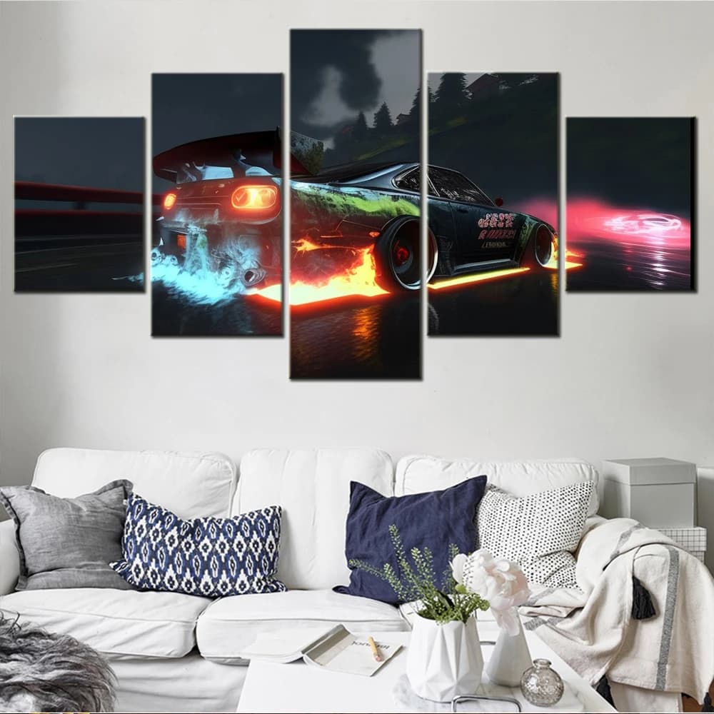 5 Pieces Canvas Wall Arts Poster Painting Night Drift Race In Japan Drift Racing Wallpaper Home Decor Picture Print Living  Room
