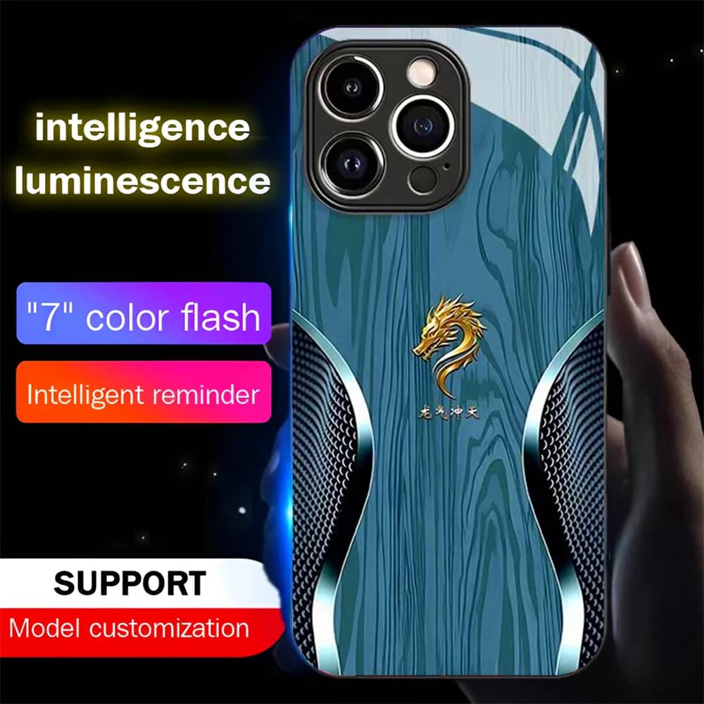 Wood Grain Dragon Emblem LED Calling Light Flash Phone Case Smart Luminous Cover For Honor 200 100 90 80 70 60 50 30 Pro