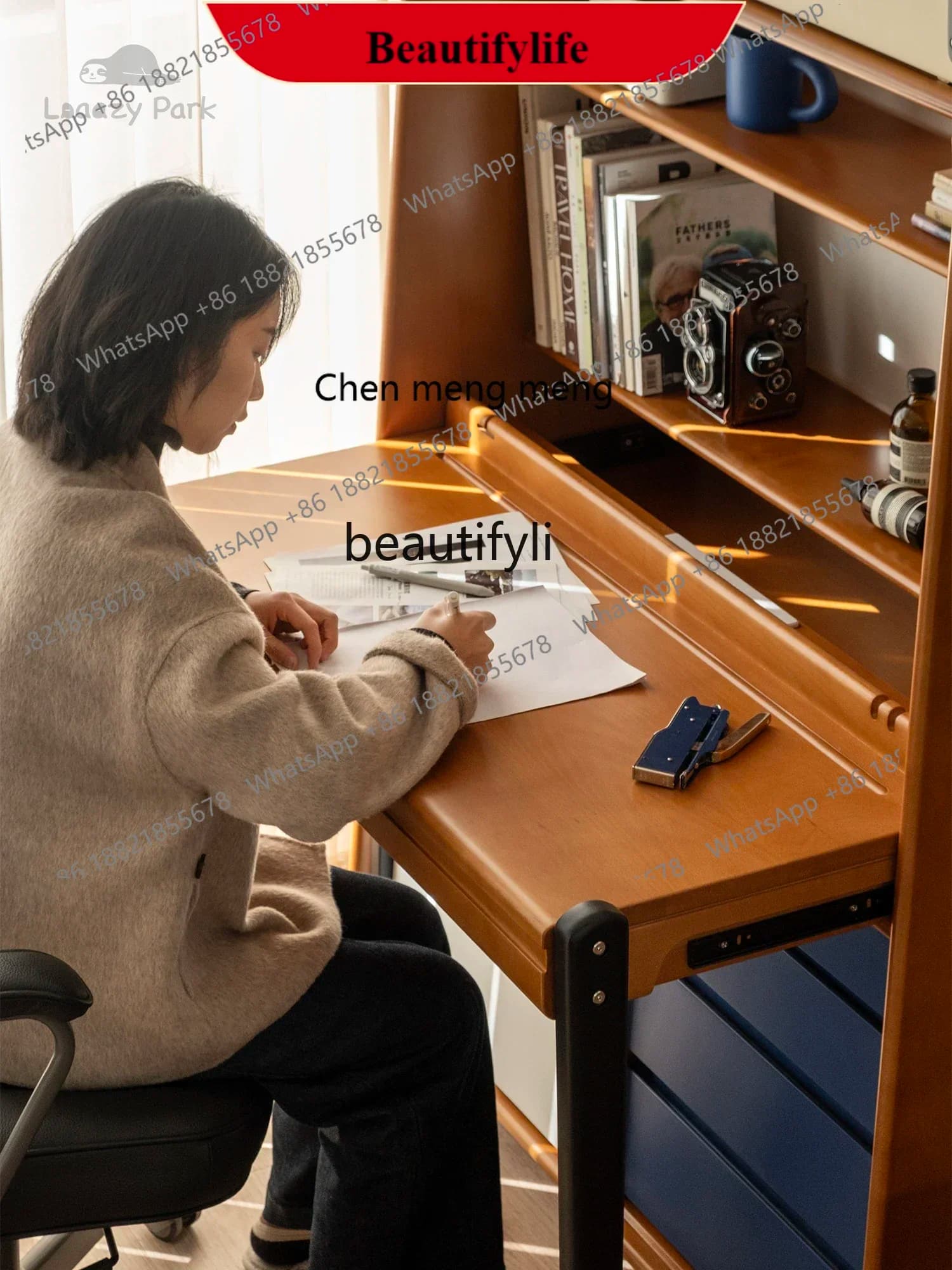 G153 Laaazypark Mid-Ancient Retractable Desk Bookcase Integrated Solid Wood Folding Desk Home Small Apartment Study Table
