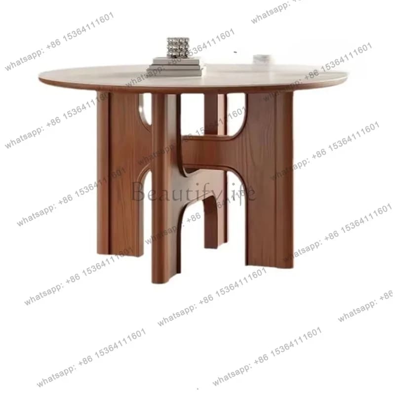 zj. French Travertine Rock Slab Round Table Solid Wood Dining Table Waterproof And Scratch-proof Round Dining Table