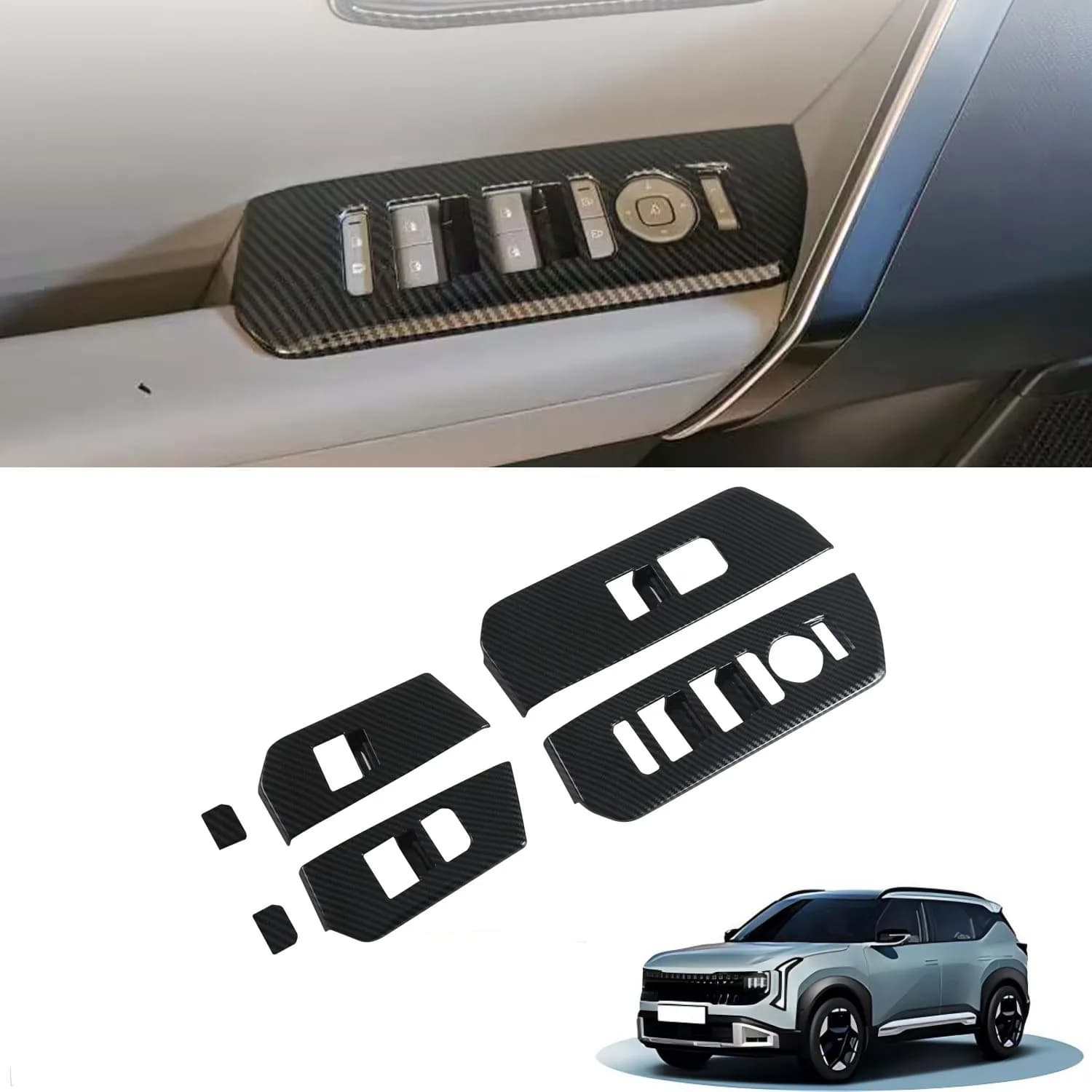LHD! For Kia Seltos SP3 2026 Car Accessories Door Armrest Window Switch Trim Cover Trim Sticker ABS Carbon Fiber Black 6pcs