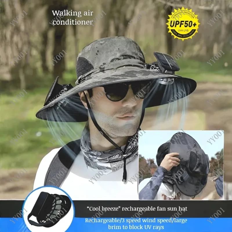 Outdoor Fishing Sunscreen Hat With Dual Adjustable Solar Fan Anti-UV Sunshade Breathable Fisherman Cap