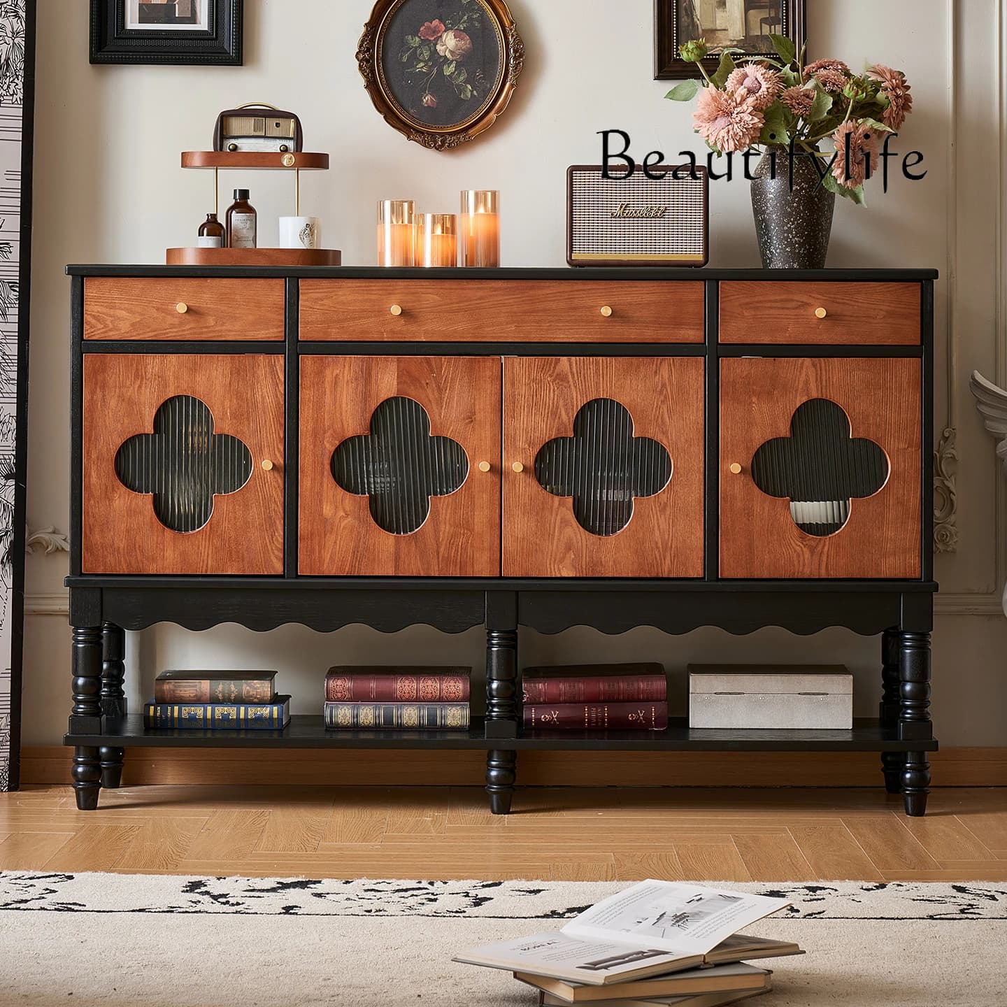 Medieval style dining side cabinet entry solid wood porch cabinet TV cabinet living room storage high-end fashion