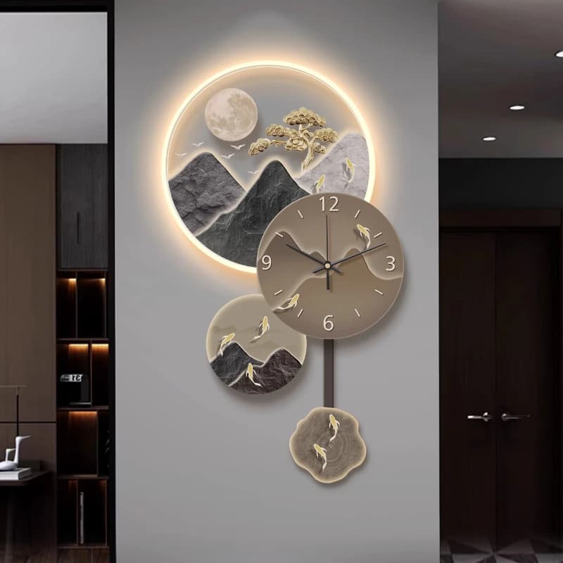 Nine Fish Graph Living Room Wall Clock Restaurant Clock Mural Watch Room Decorations LED Mute Quartz Clock Home Decor Items