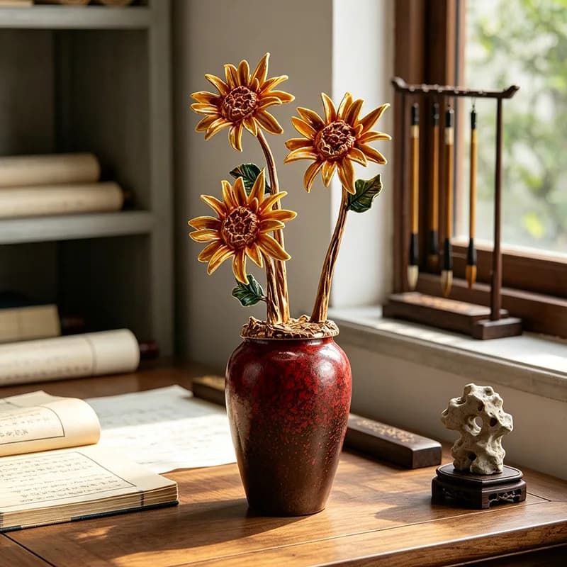 HT  Enamel color is born in the sun, sunflower ornament, new Chinese living room entrance, home jewelry, desktop crafts