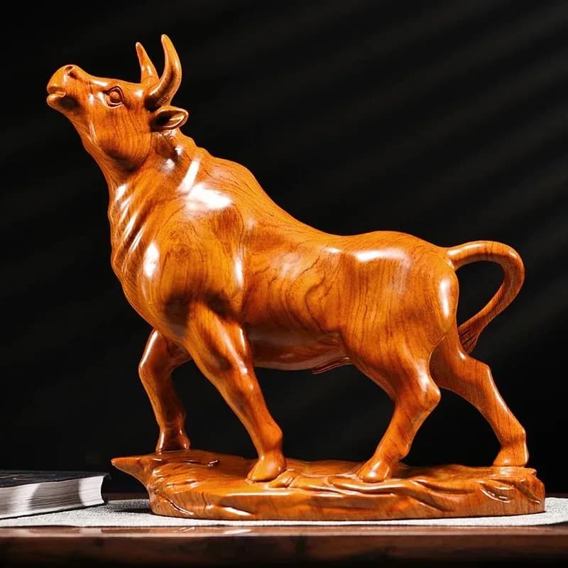 Hand Carved Rosewood Ox Figurine Chinese Zodiac Bull Statue Auspicious Wealth Feng Shui Desktop Home Decor Ornament