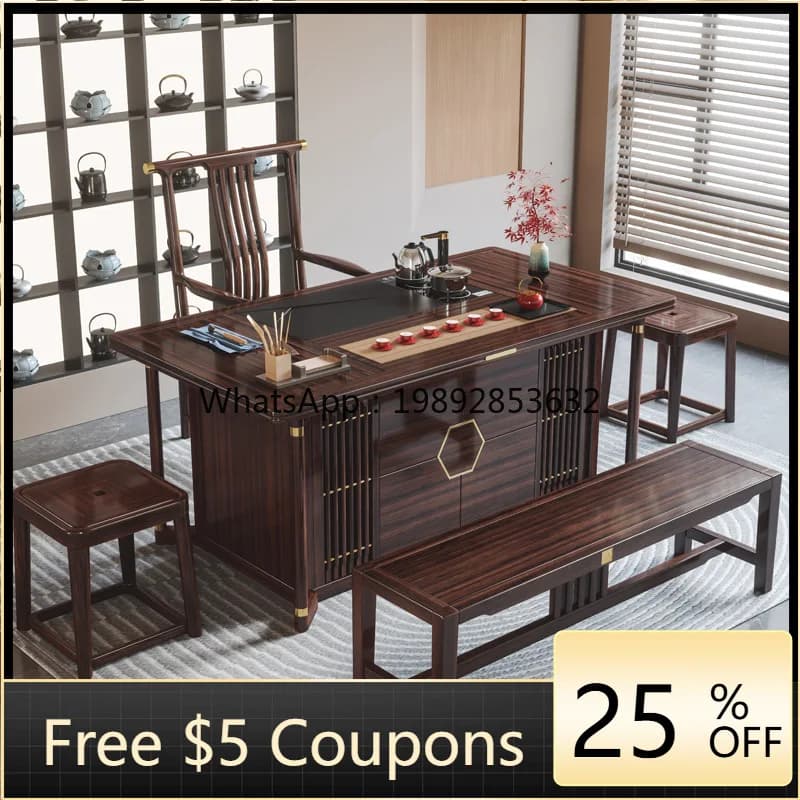 LYY Solid Wood Tea Table and Chair Set New Chinese Style Office Coffee Table Ebony Wood Home  Set Integrated Tea Brewing Table