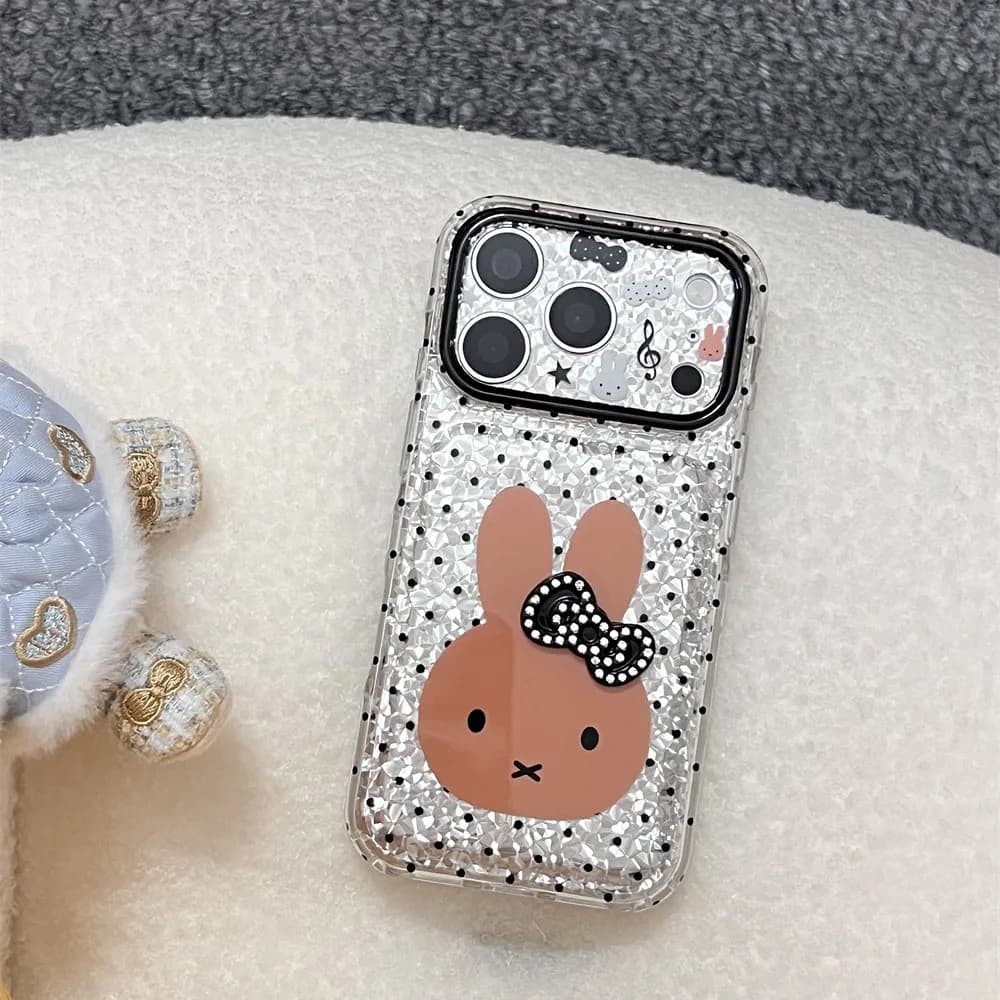 Cute Miffy Rabbit Pearl Bow Phone Case For iPhone 15 16 17 Pro Max Polka Dot Shell Glitter Shockproof Soft Phone Cover