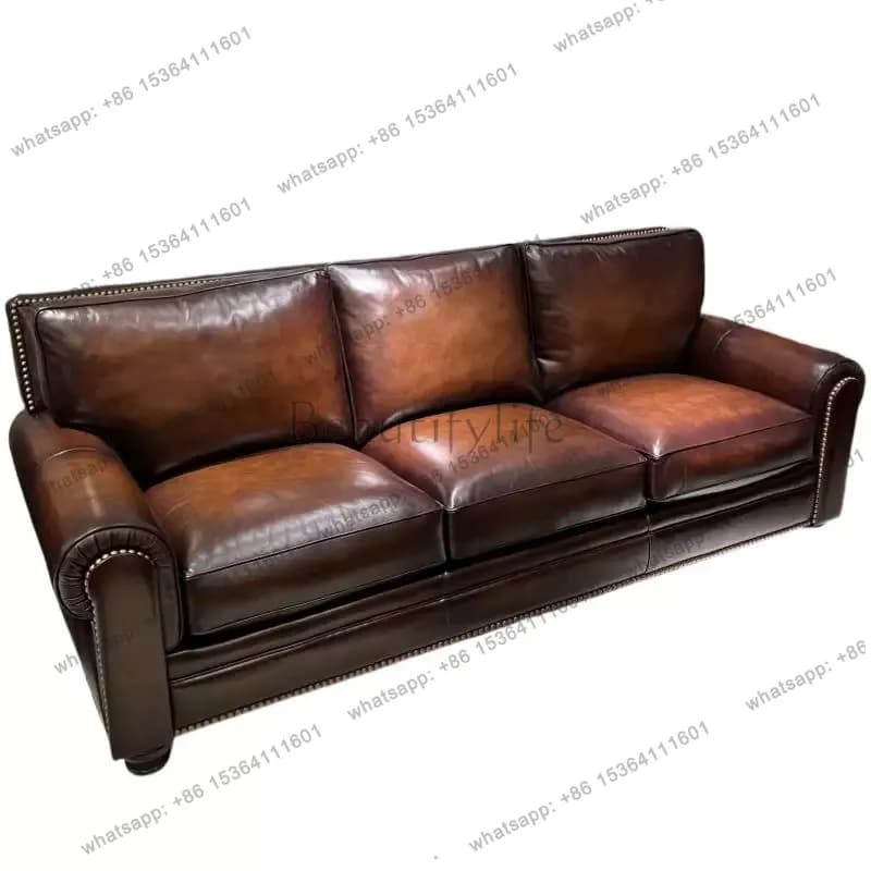 American retro leather sofa oil wax leather straight row three people