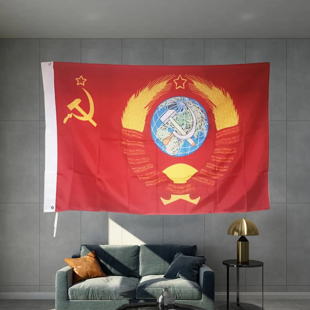 Russian USSR With Grand Soviet State Coat Of Arms Flag  Graphic Custom Printed Flag Polyester Shaft Cover Brass Grommets Design