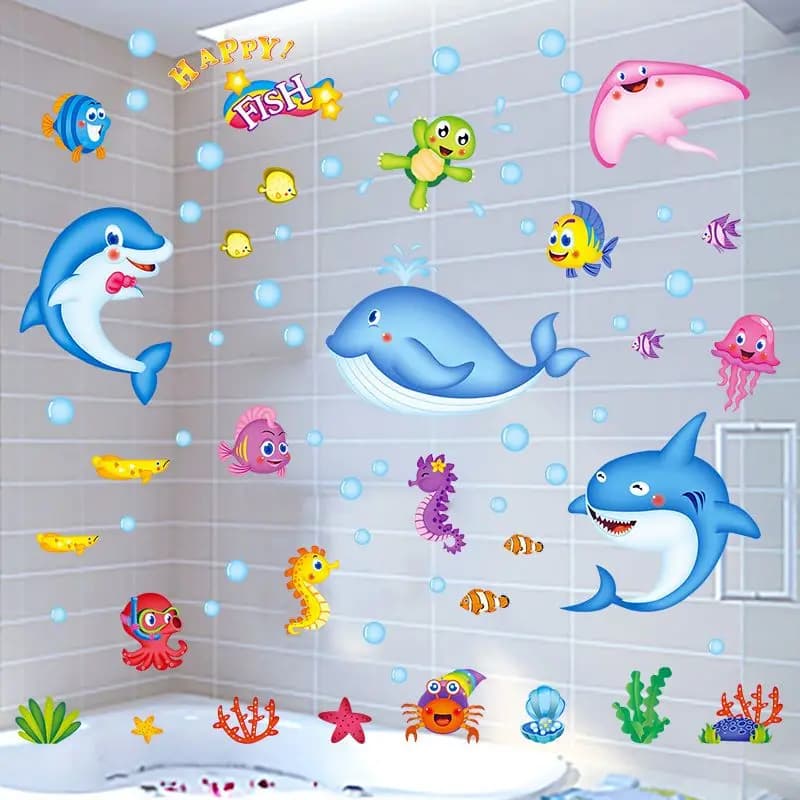 Cartoon Ocean Stickers Bathroom Decoration Dolphin Stickers Waterproof Swimming Pool Children's Room Cute Wallpaper