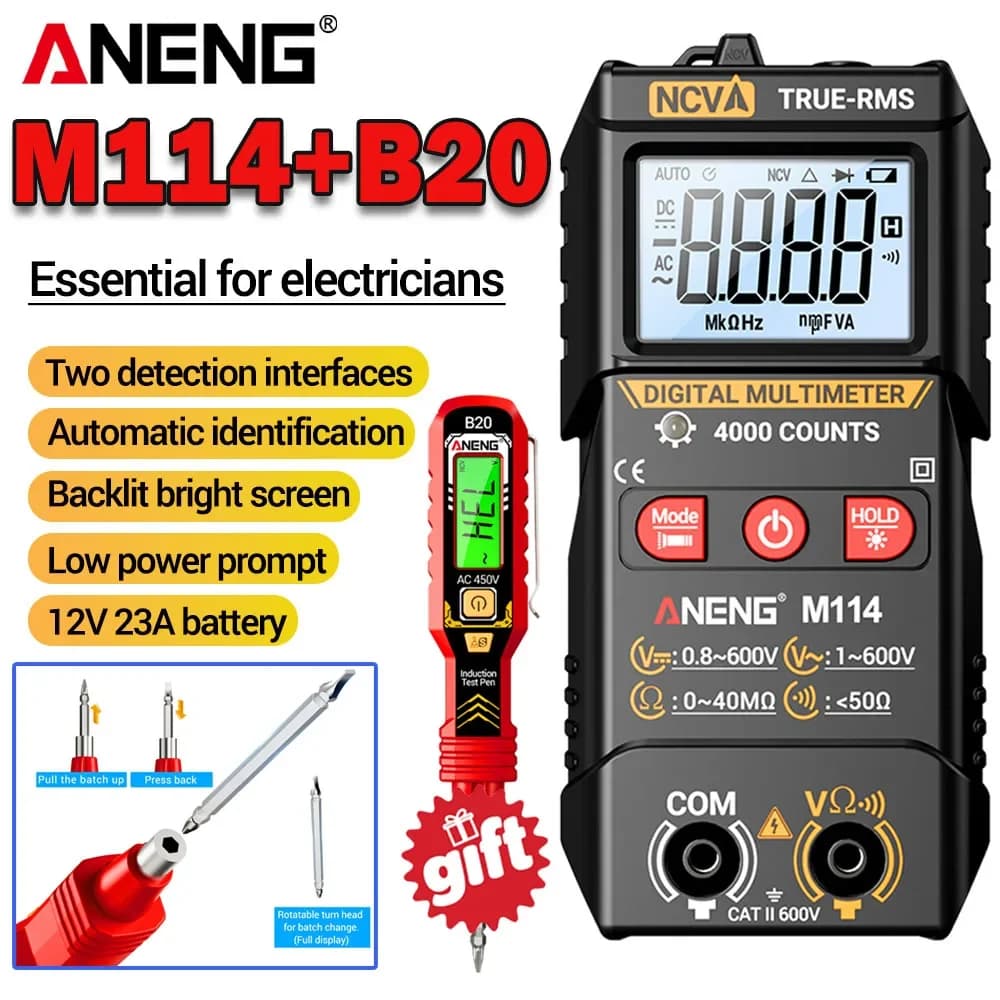 Mini Multimeter Automatic Digital Multi-function AC/DC Voltage ANENG M114+B20 Voltage Tester One Word/cross Head Dual Screwdrive