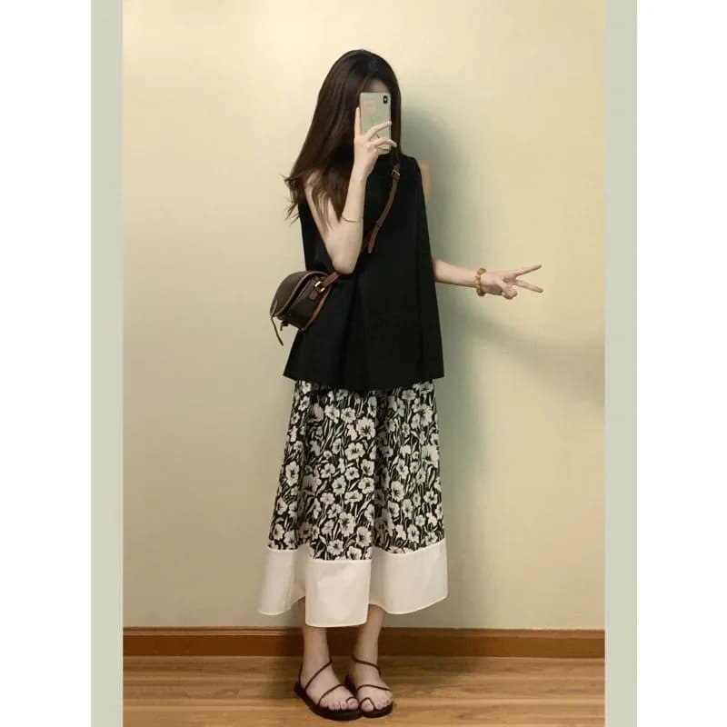 Summer dopamine sleeveless top women's summer new set of high waist drape loose a word floral medium and long dress