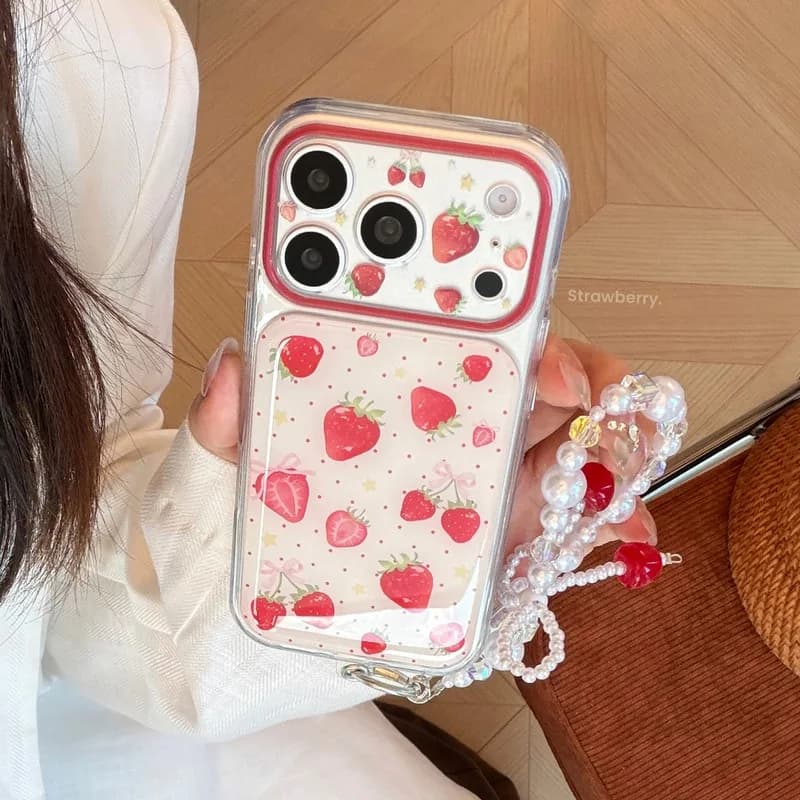 Red Polka Dot Strawberry Pattern Clear Soft TPU Shockproof Phone Case With Chain Strap for iPhone 17 Pro Max