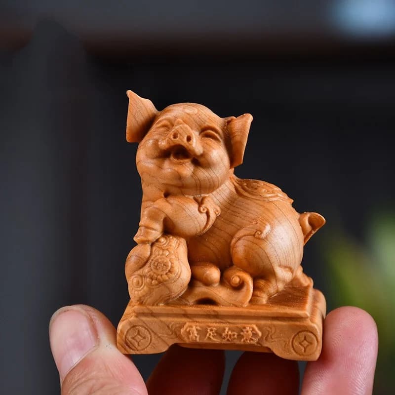 Chinese Natural Thuja Hand Carved Fortune Pig Figurine Zodiac Pig Statue Desktop Feng Shui Collectible Ornament