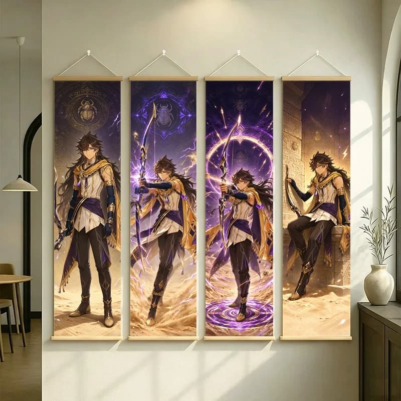 Hanging Scroll Wall Art of Genshin Impact Sethos with Gold and Violet Glow on Silver Shimmer Canvas for an Anime Bedroom