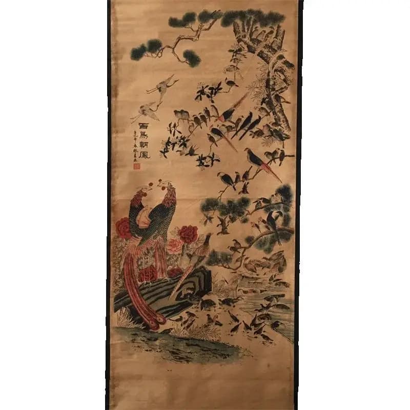 China old Celebrity paintings- Lin Liang's watercolor painting of a hundred birds bowing to the phoenix Scroll Hanging paintings
