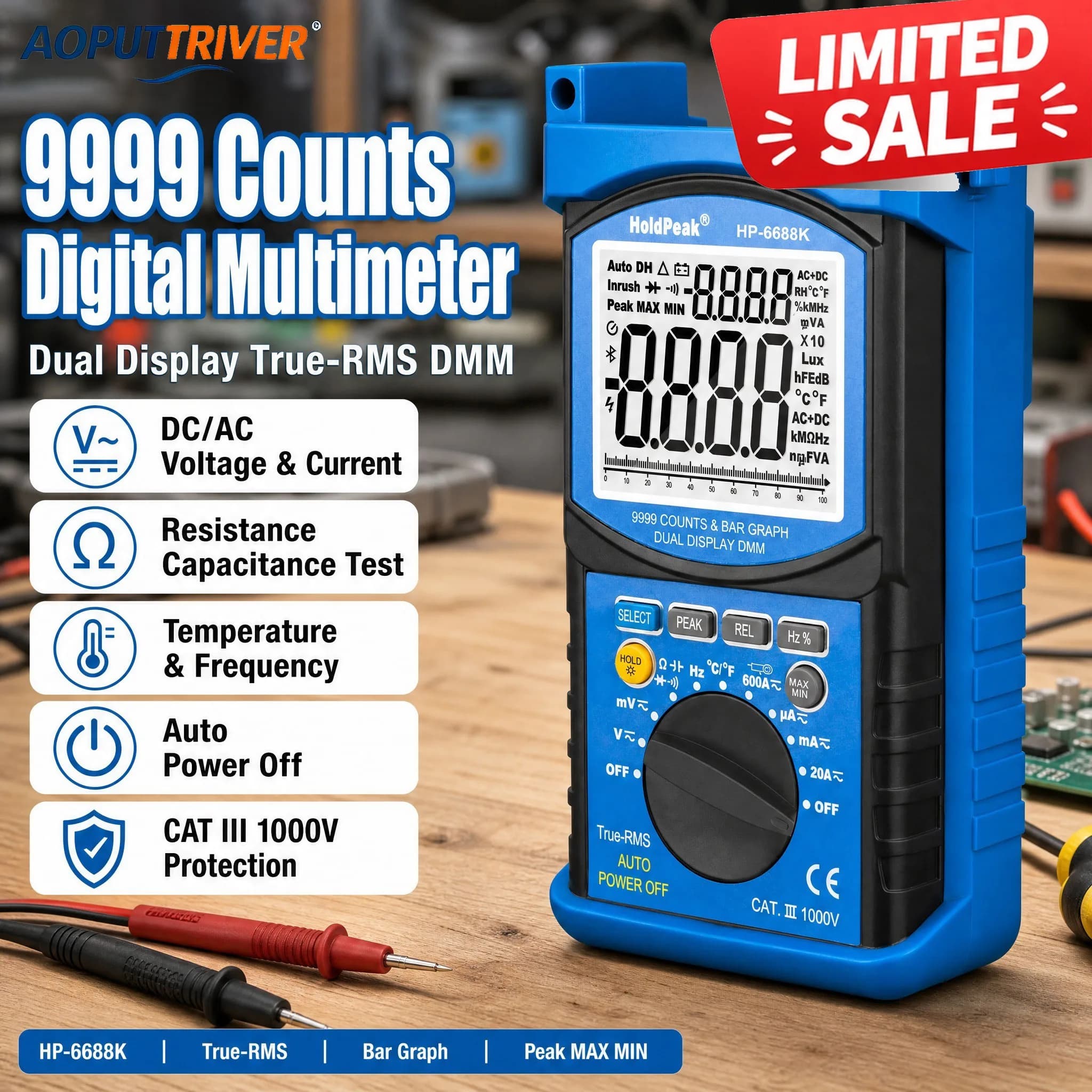 Digital Multimeter 9999 Counts True RMS Auto Range AC/DC Voltage Current Resistance Capacitance Temperature Tester CAT III