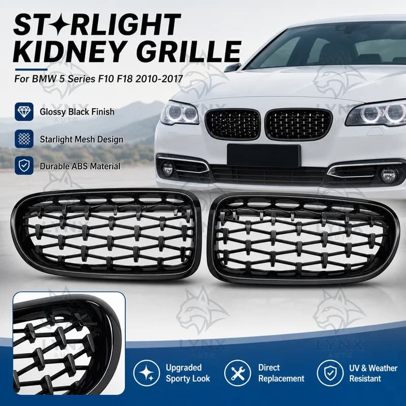 For BMW 5 Series BMW F10 F18 2010-2017 Full Black Starlight Black Dot Glossy Black Frame Mesh Front Kidney Grille