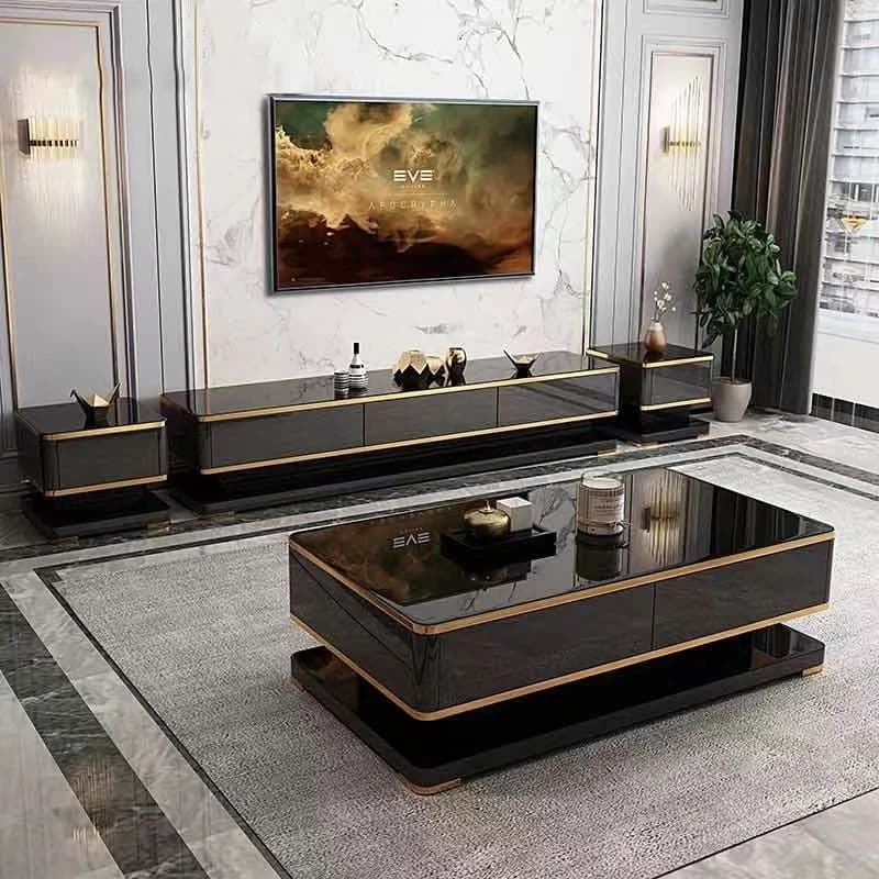 Modern Luxury Wooden Black TV Stand and Coffee Table Set Simple Home Furniture Living Room Slate Glass Top Center Table