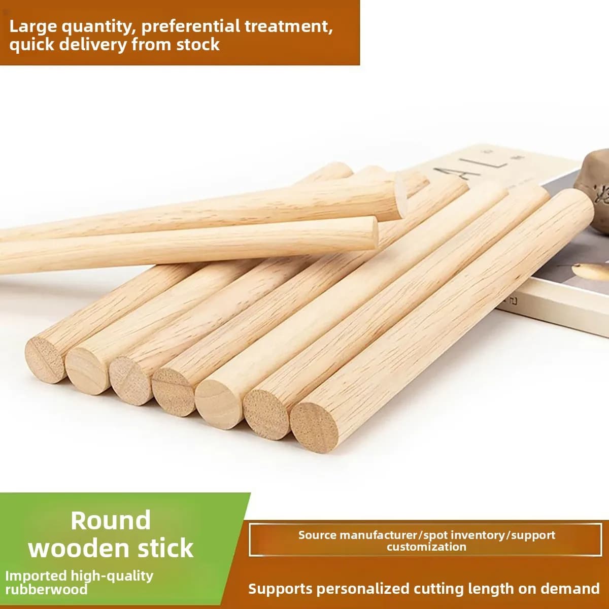 Factory Natural Rubberwood Round Dowel Stick, Raw Wood Color Solid Wooden Rod, Dia 3-60mm for Scene Model DIY Craft, Custom Cut