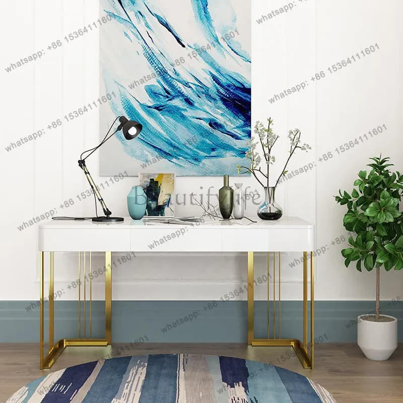 Light Luxury Modern Simple Desk with Drawer Gold Stainless Steel Office Desk