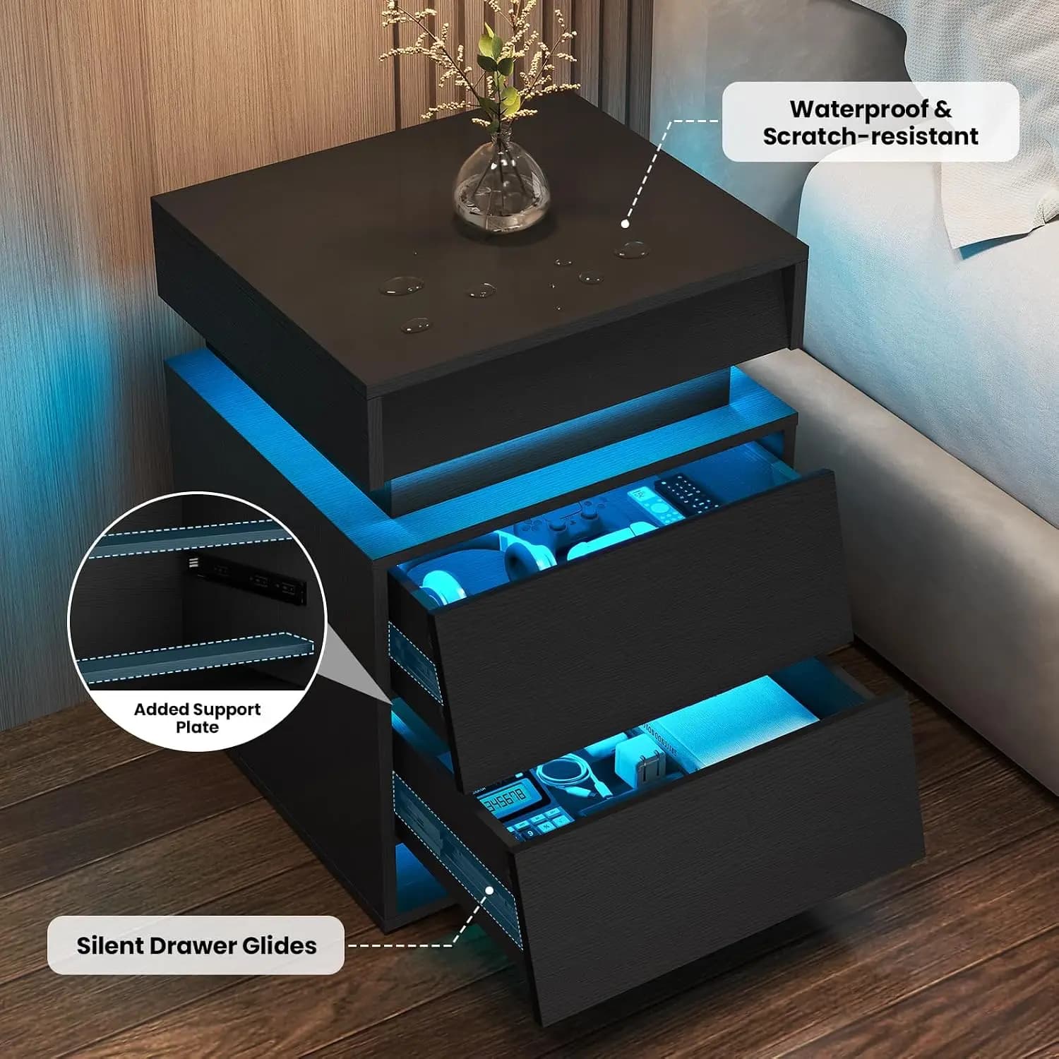 Modern Nightstand with Charging Station and LED Lights