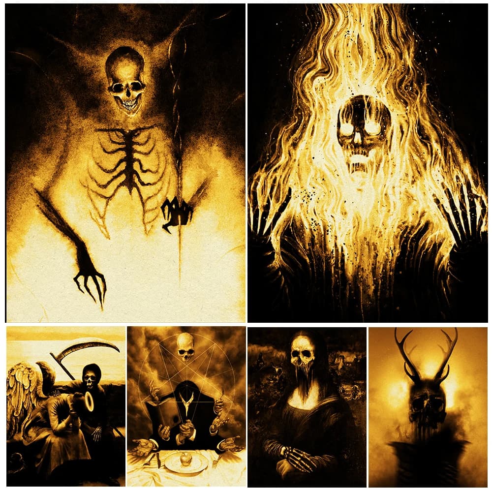 Burning Skeleton Demon And  Devil Followers Wall Art Canvas Paitning Terrible Pagan Skeleton Demons Art Poster And Print Decor
