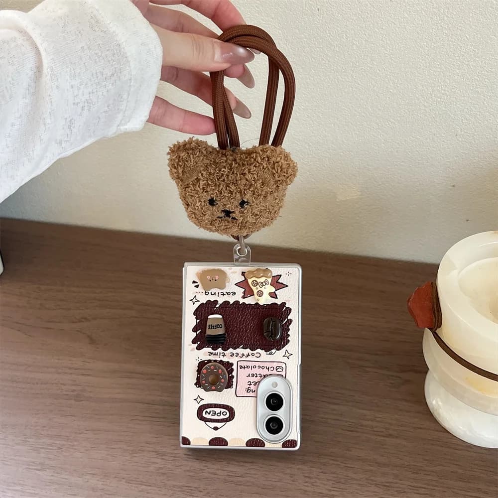 Cute Brown Bear Coffee Doodle Phone Case For Samsung Galaxy Z Fold 8 Ultra 7 6 5 4 Cover Decor With Plush Bear Head Wrist