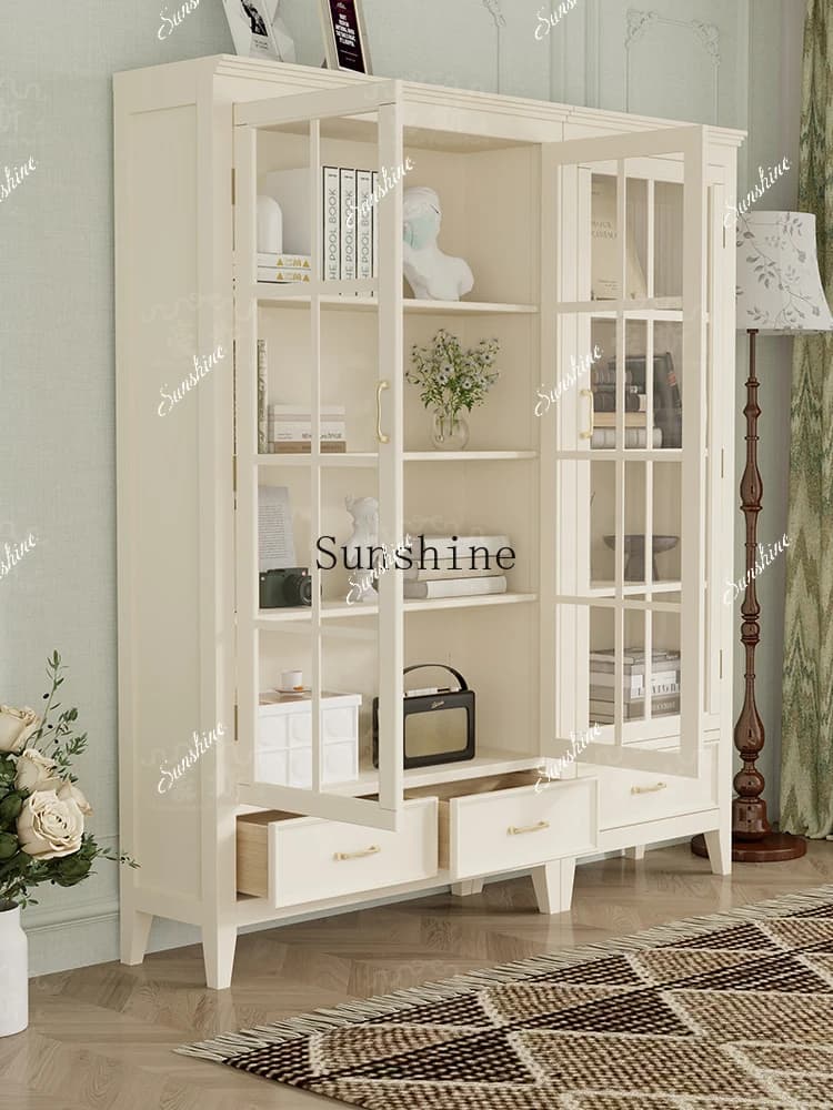 American cream retro dustproof glass door storage bookshelf display cabinet storage  FT