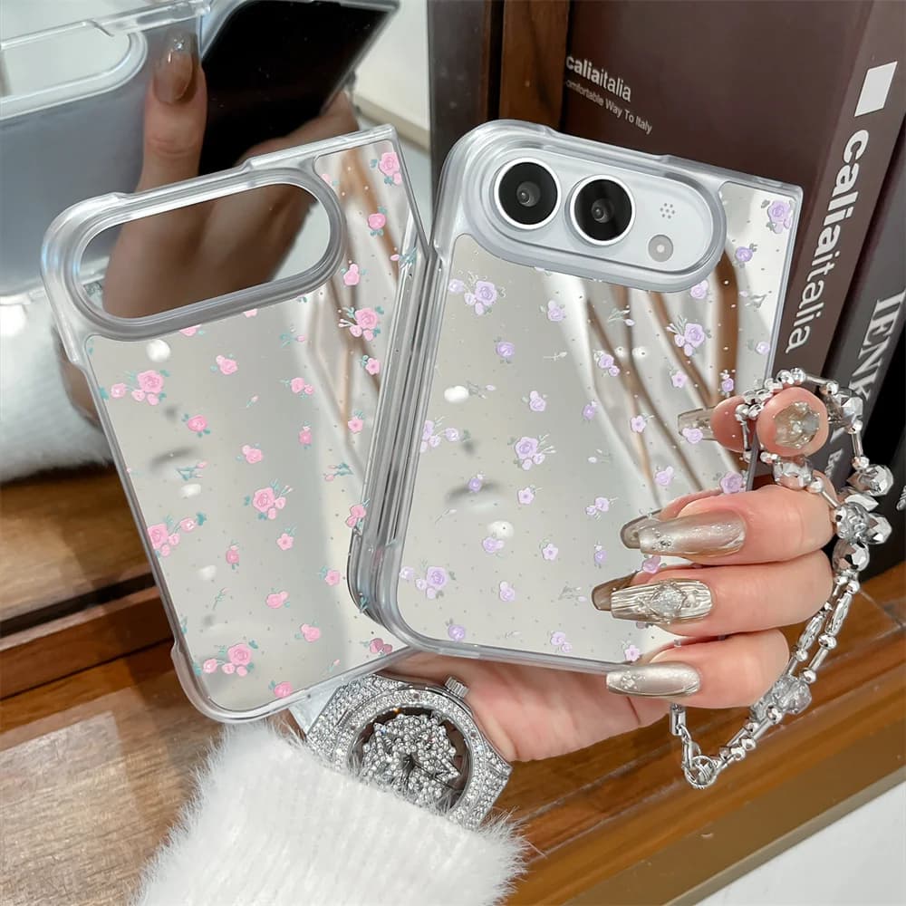 Tiny Rose Floral Mirror Phone Case For iPhone Duo Makeup Mirror Hard Shell With Crystal Bead Chain Pendant Shockproof  Cover