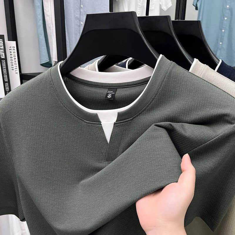 Fake Two Short-sleeved Men's T-shirt 2026 New Casual Comfortable Fashion Summer Crew Neck Bottoming Shirt Men