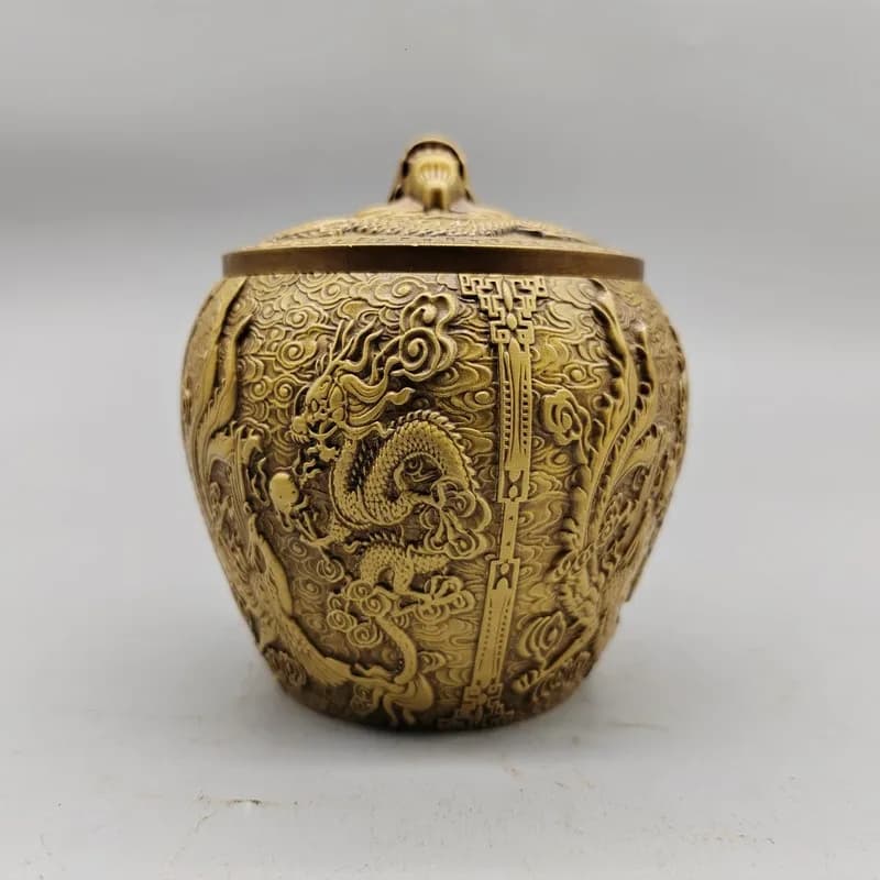 Brass Dragon and Phoenix Canister, Office Tea Table Storage Jar with Lid, Embossed Metal Craft Ornament, Treasure Basin