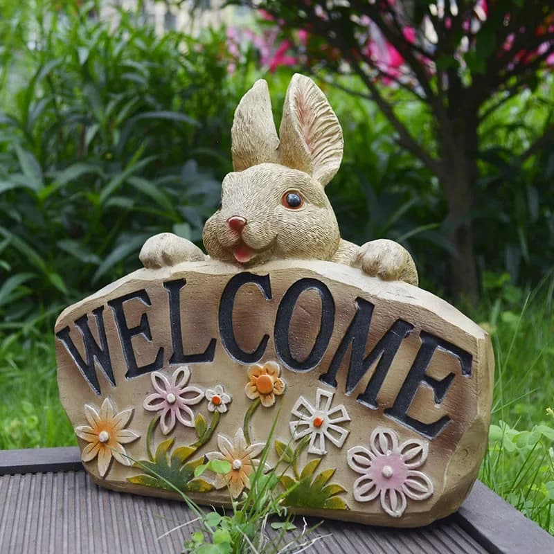 Rabbit Outdoor Garden Statues Welcome Signs Polyresin With Black Letters And Pink Yellow Green Flowers On Animal Sculptures