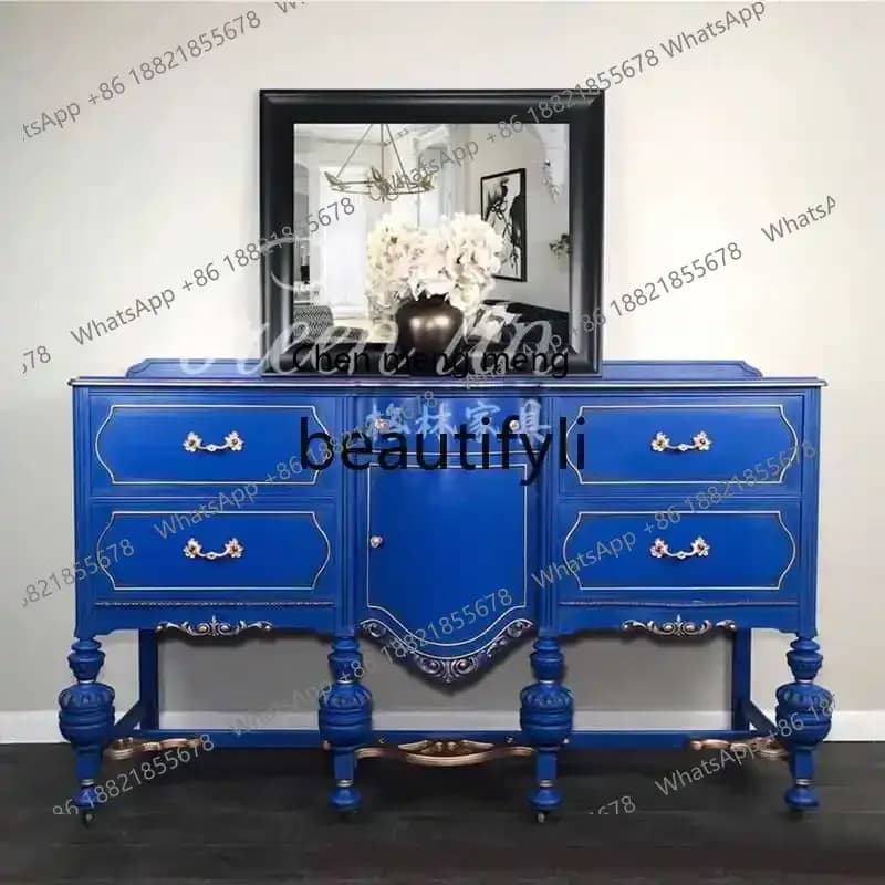 French retro solid-entry wooden porch cabinet, living room locker, carved storage partition6220