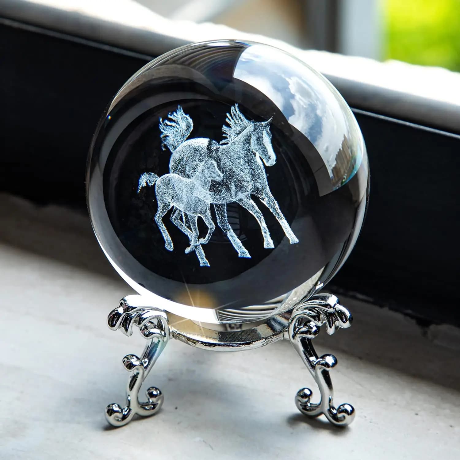60mm 3D Laser Engraving Horse Crystal Ball Crystal Paperweight Figurines Horse Model Glass Sphere Home Art Decorative Crafts